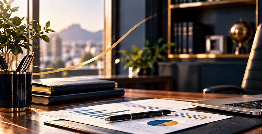 Elegant accounting workspace with financial documents, laptop and office accessories