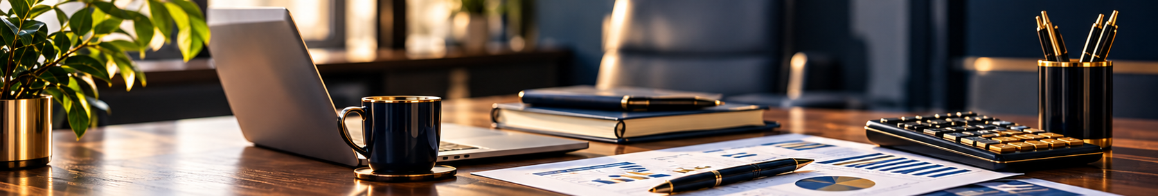 Professional accounting workspace with financial reports and a laptop