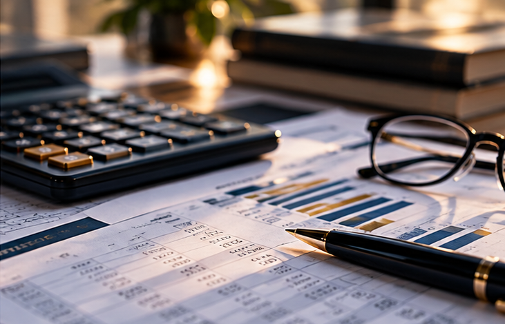Calculator, financial reports and accounting documents arranged on a desk