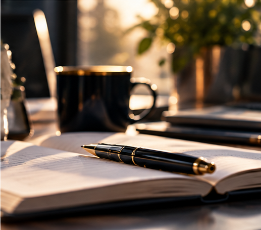 Professional planning notebook and office stationery on an elegant desk