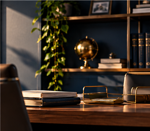 Elegant professional office interior with bookshelves and warm lighting